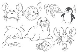 Cute Sea Animals Vector Line Art Set, an Animal Illustration by MkStudio