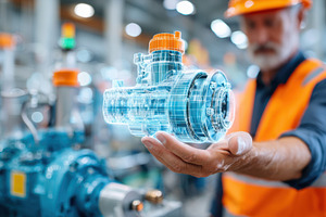 Engineer examining holographic engine component in factory, an Industrial Photo by AlyaAnd