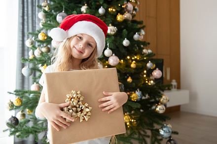 A girl with gifts plays near the Christmas tree., a Holiday Photo by Olena Rudo