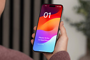 Phone 15 Pro Mockup in Hand, an iPhone Mockup by Asylab (Thumbnail 1 of 4)