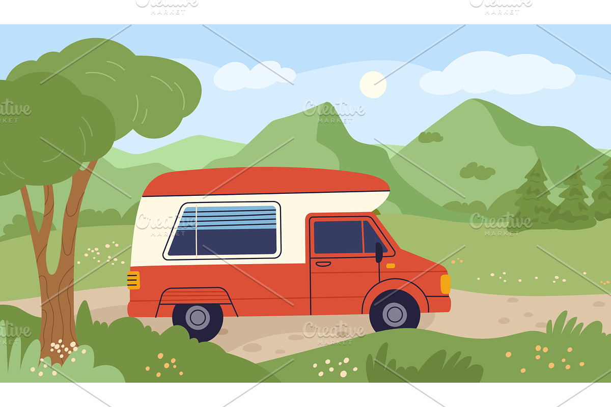 Camper traveling. Mobile road home, a Transportation Illustration by YummyBuum