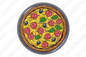 Color Vintage Woodcut Pizza Art, a Food Illustration by Christos Georghiou