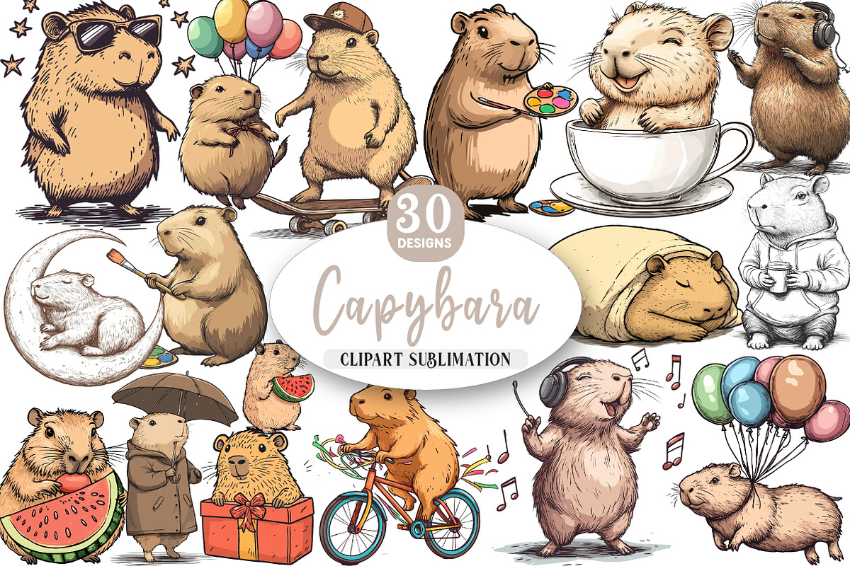 Watercolor Capybara Clipart, an Illustration by Watercolor design (Photo 1 of 4)