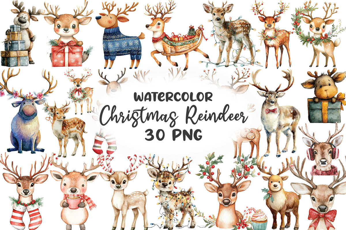 Funny Cute Christmas Reindeer Clipar, an Illustration by CraftArtStudio (Photo 1 of 6)