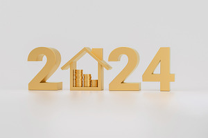 Golden number 2024 and house icon wi, a Business Photo by Zama Studio