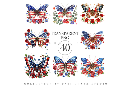 40 PNG Patriotic Butterfly Clipart, a Decorative Illustration by Pati Charm Studio