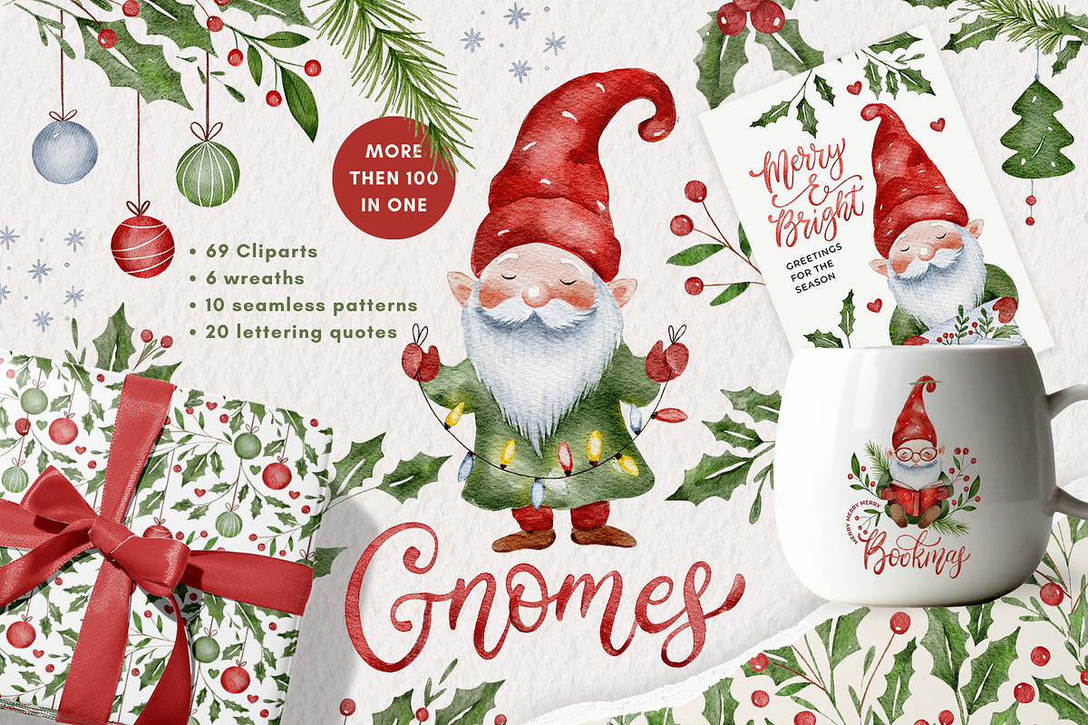 Watercolor Christmas Gnome Bundle, a Seasonal Illustration by Red Ink (Photo 1 of 10)