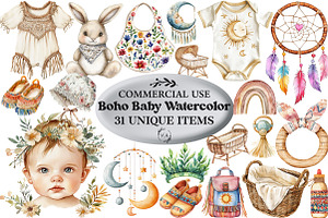 Boho Baby Watercolor Clipart Bundle, an Illustration by Craft Nest