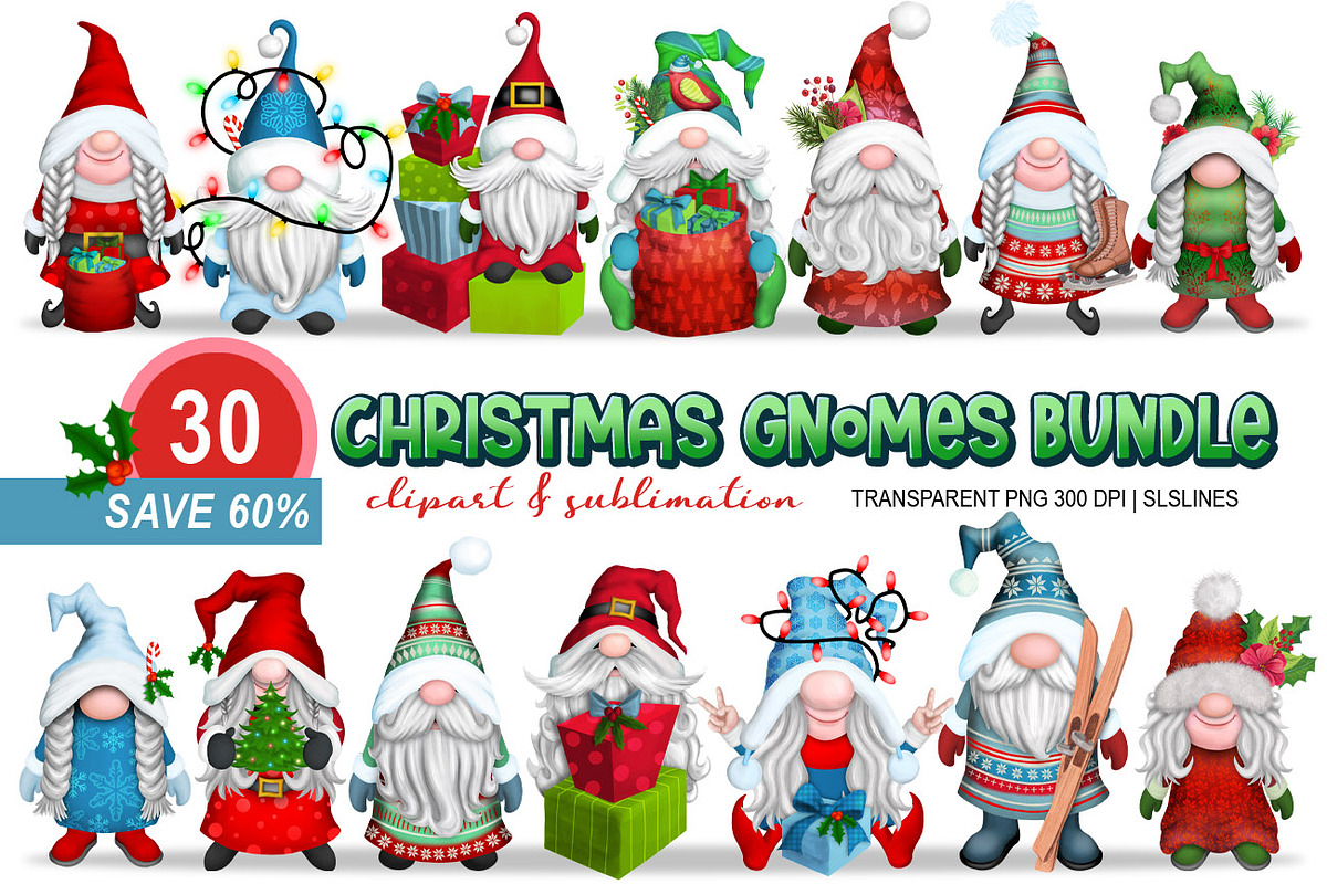 Christmas Gnome Clipart Bundle PNG, an Illustration by SLS Lines (Photo 1 of 7)