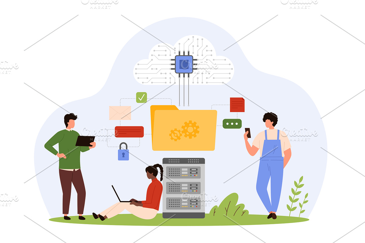 Data system infrastructure, cloud, a Technology Illustration by Flashvector