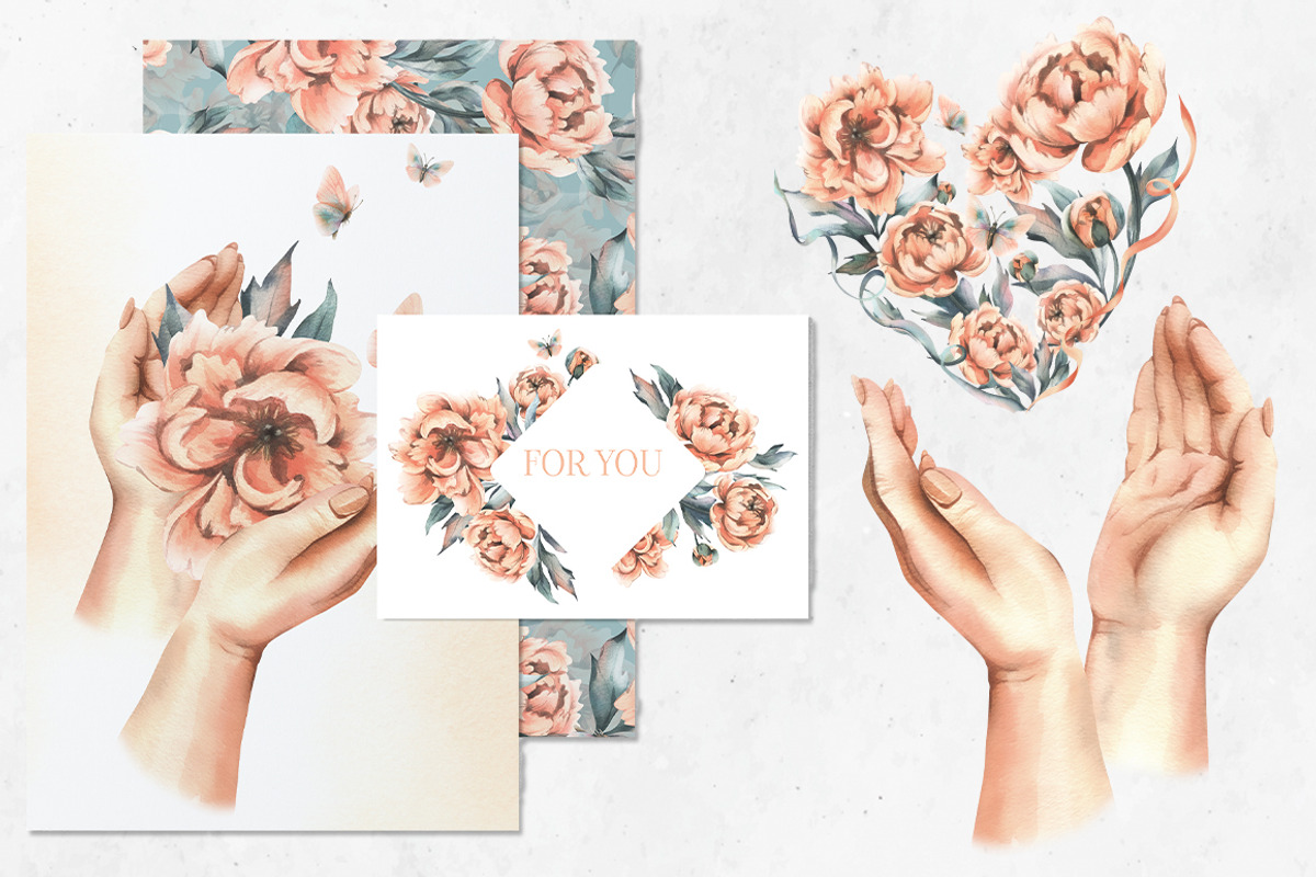 Hands and peonies watercolor clipart, a Person Illustration by NATASHA CHU (Photo 6 of 21)