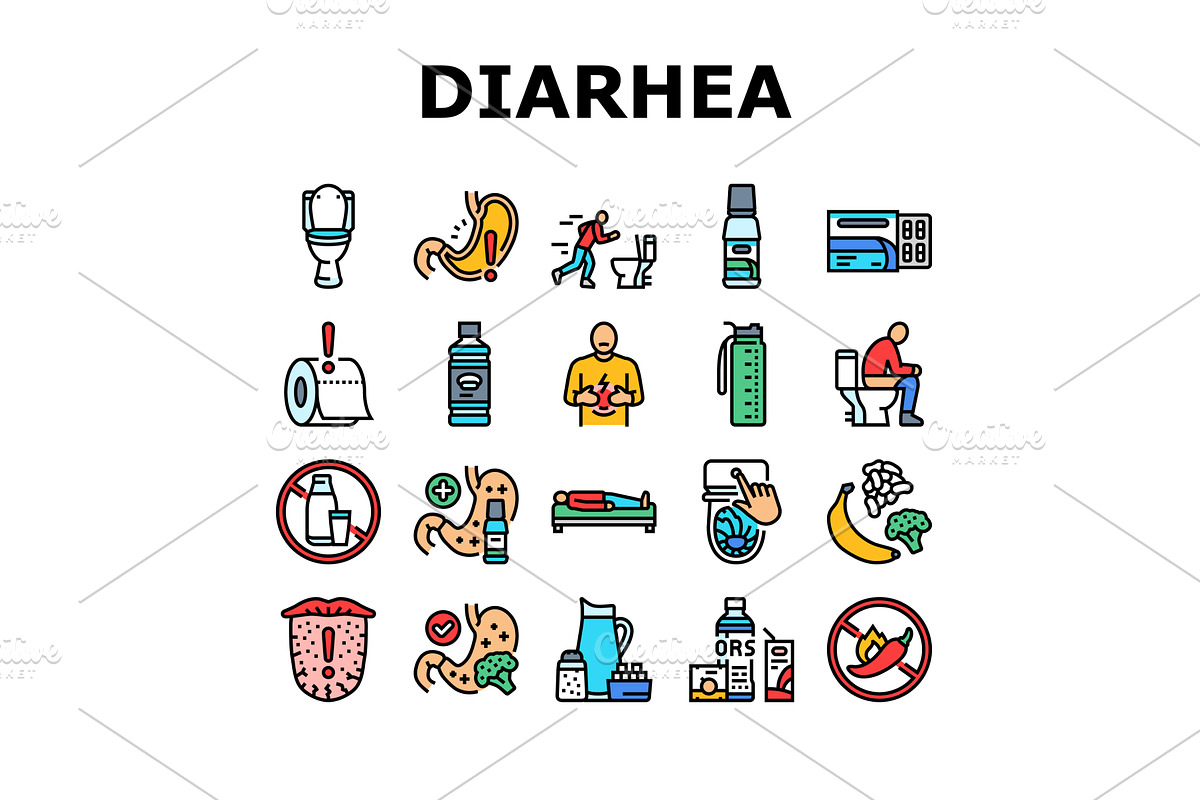 diarrhea causes icons set vector, a Food Illustration by pikepicture