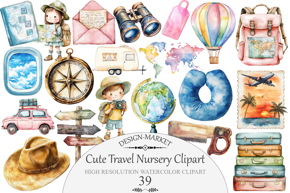 Watercolor Cute Travel Nursery Clipa, an Illustration by Design Market (Photo 1 of 4)