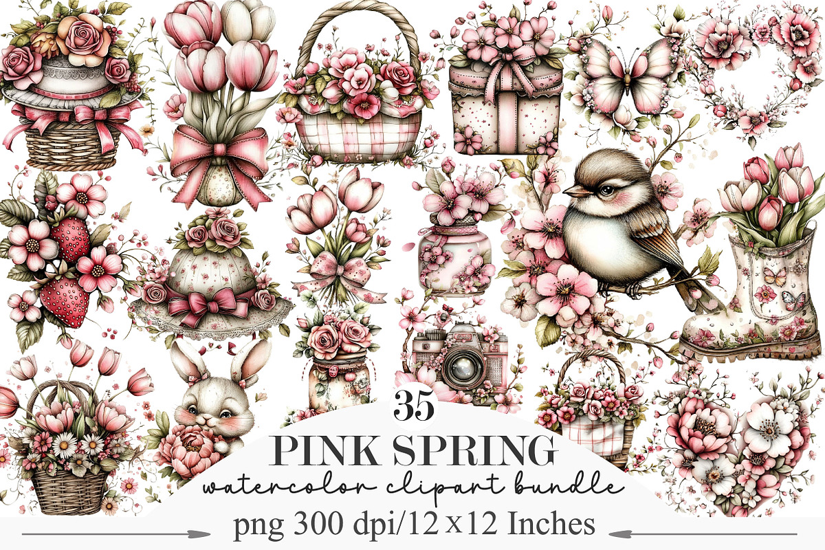 Watercolor Pink Spring Clipart, an Illustration by Designking (Photo 1 of 5)
