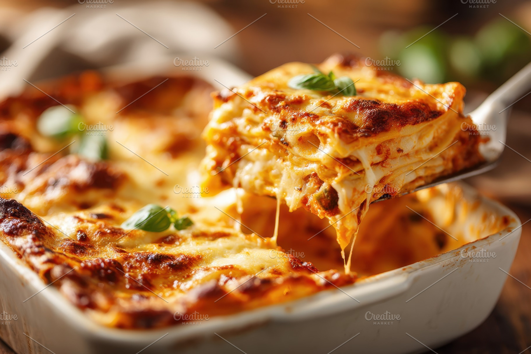 Delicious homemade lasagna with melted cheese, a Food & Drink Photo by AlyaAnd