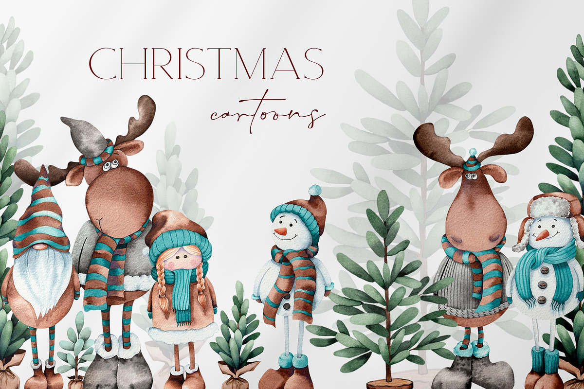 Christmas Snowmen Cartoons & Trees, an Animal Illustration by Jeanna Draw (Photo 1 of 13)