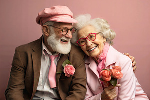 Elderly couple smiling in coordinated pink outfits, holding roses., a Person Photo by ImageMir