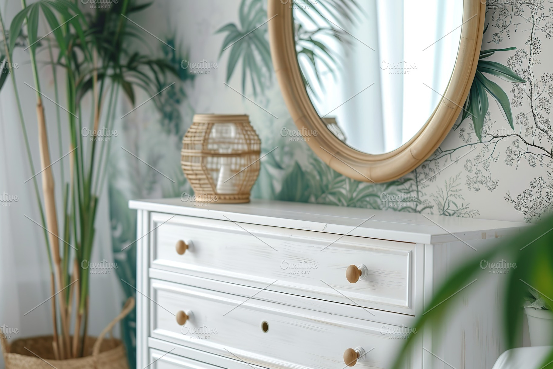 Fresh cut spring flowers in vase on chest of drawers in bedroom, a Beauty & Fashion Photo by AlyaAnd