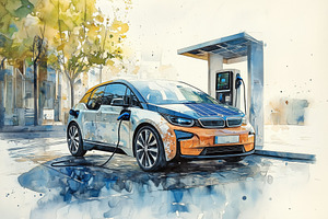 A colorful watercolor painting of an electric car charging at a station, surrou, a Technology Photo by Textures & Backgrounds