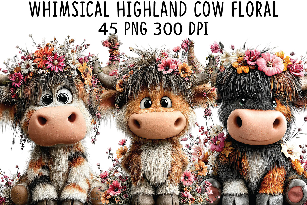 Whimsical Highland Cow Floral Clipar, an Illustration by CraftArtStudio (Photo 1 of 6)