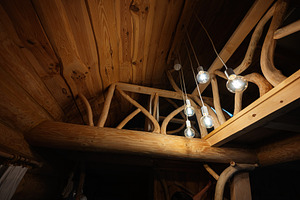Rustic interior with wooden balustrade and glowing suspended lightbulbs, a Photo by AS photostudio