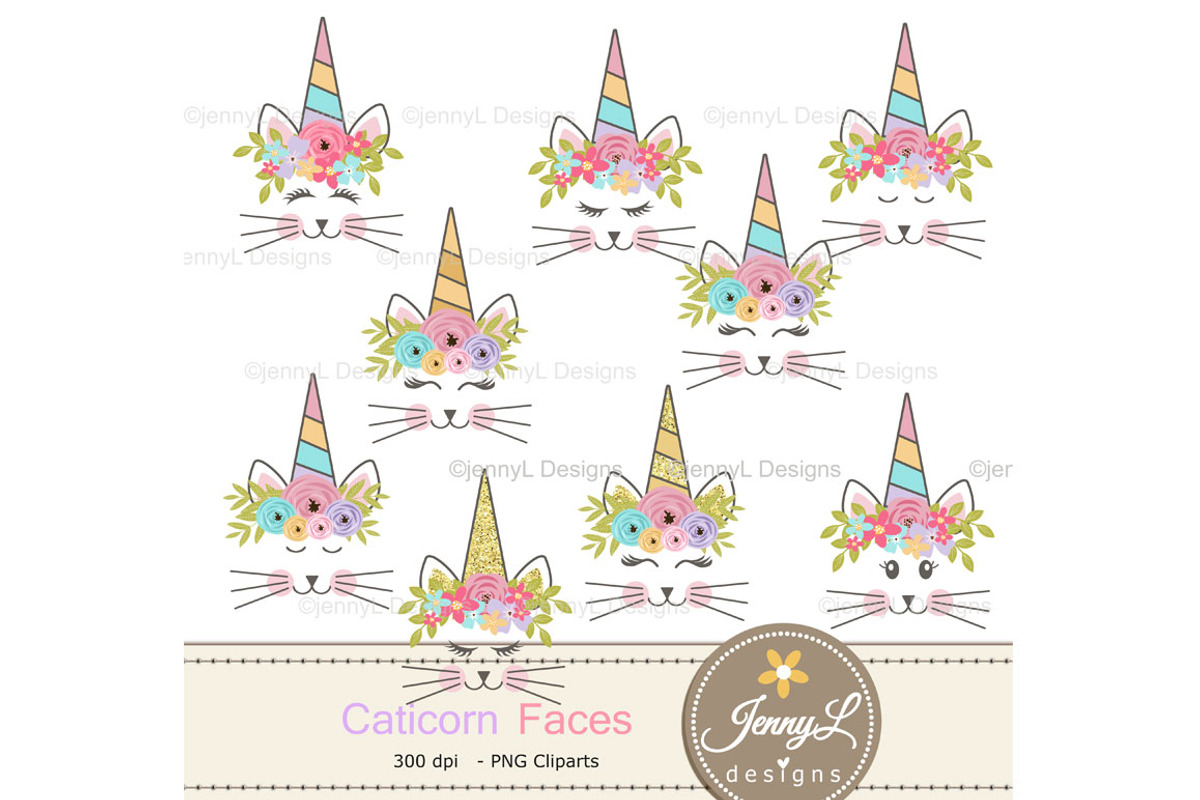 Caticorn face Clipart, Cat Unicorn, an Illustration by JennyL Designs (Photo 1 of 4)