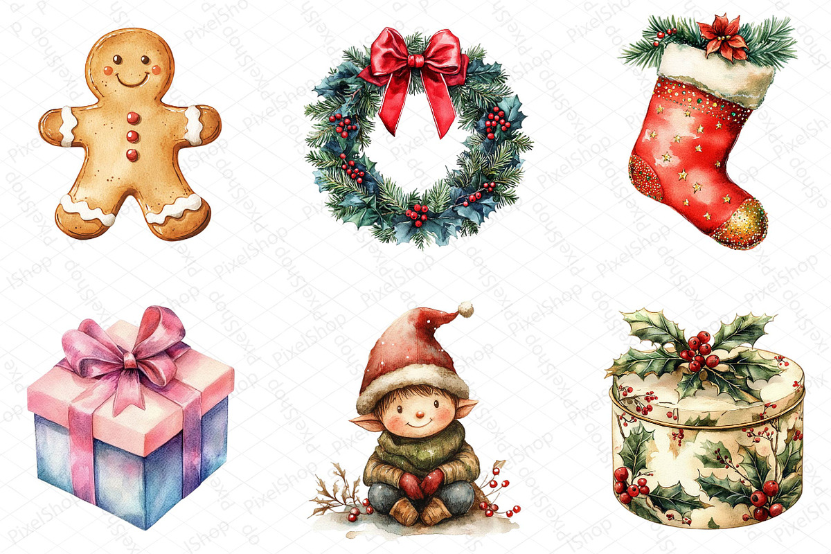 Watercolor Retro Christmas Clipart, an Illustration by DreamPrint404 (Photo 5 of 5)
