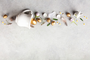 Creative Easter Concept with Golden Eggs and Spring Flowers, a Holiday Photo by Natalia Klenova's Shop