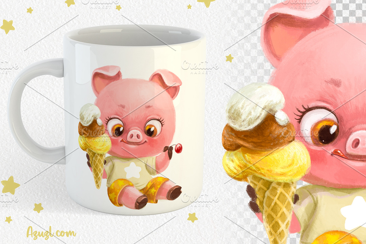 Piglet with ice cream and cherry, an Animal Illustration by Azuzlikus (Photo 2 of 4)