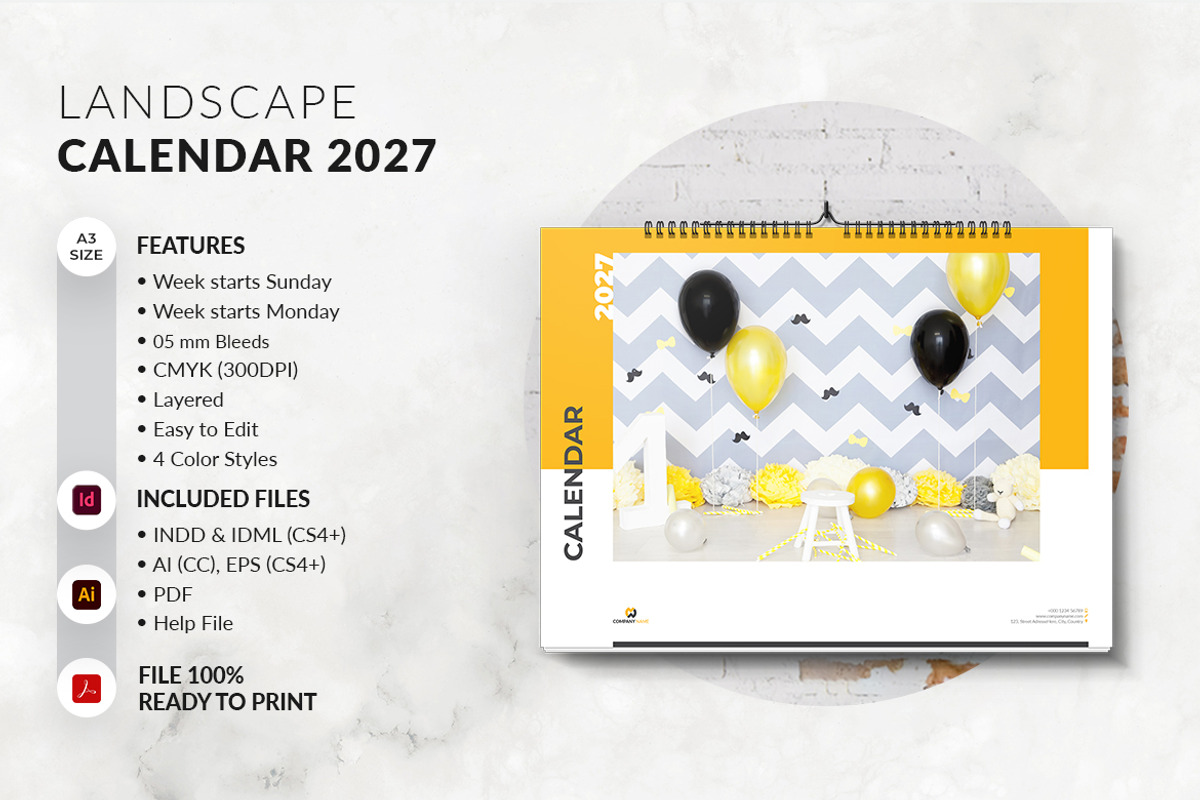 A3 Landscape Calendar 2027 Template, a Stationery Template by MstArtwork (Photo 5 of 5)