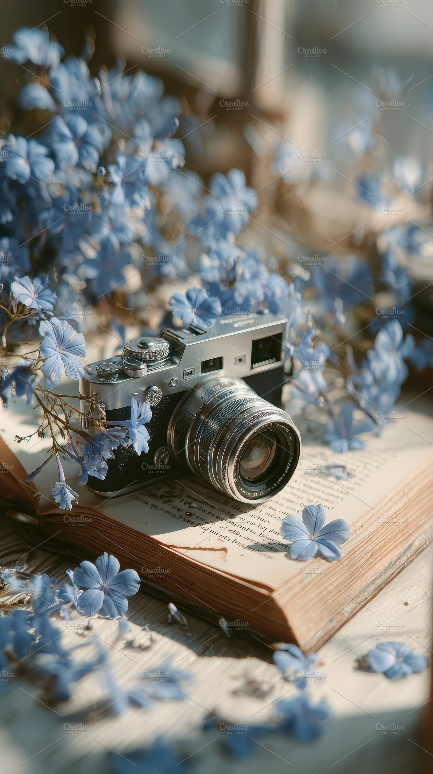 Vintage Camera on Book with Blue Flo, a Photo by Pixeness Studio