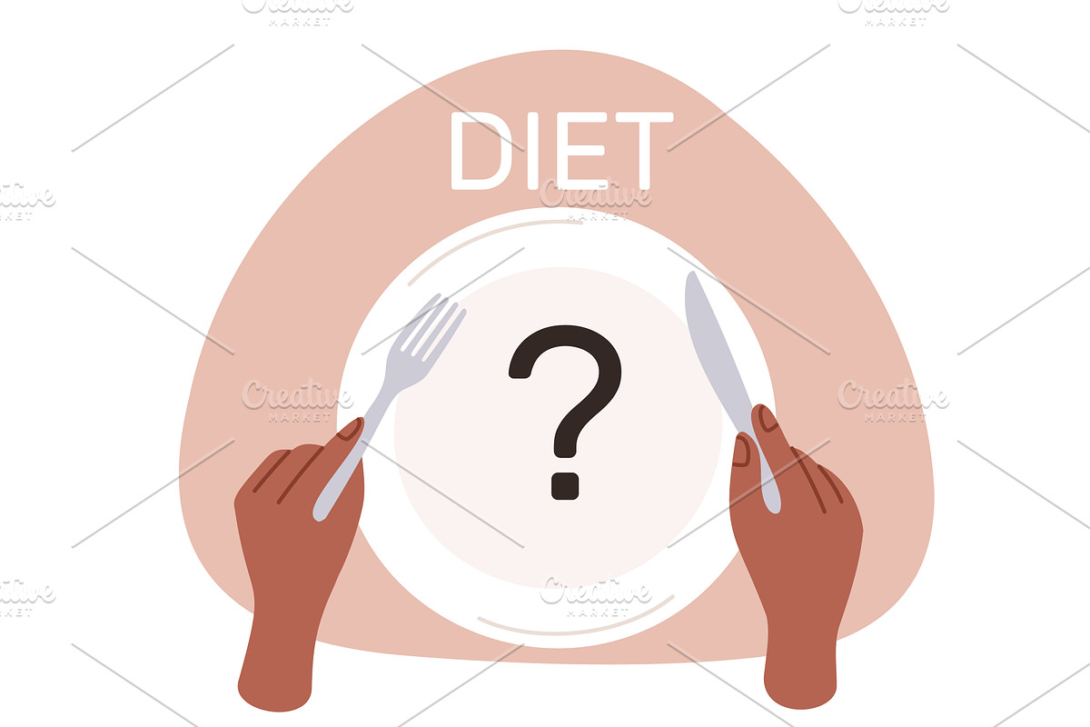 Woman over empty plate chooses diet, a Food Illustration by Vectorbuum