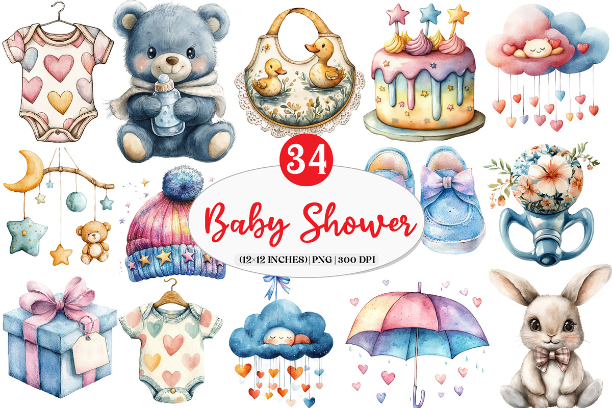 Baby Shower Clipart Bundle, an Illustration by Watercolor design