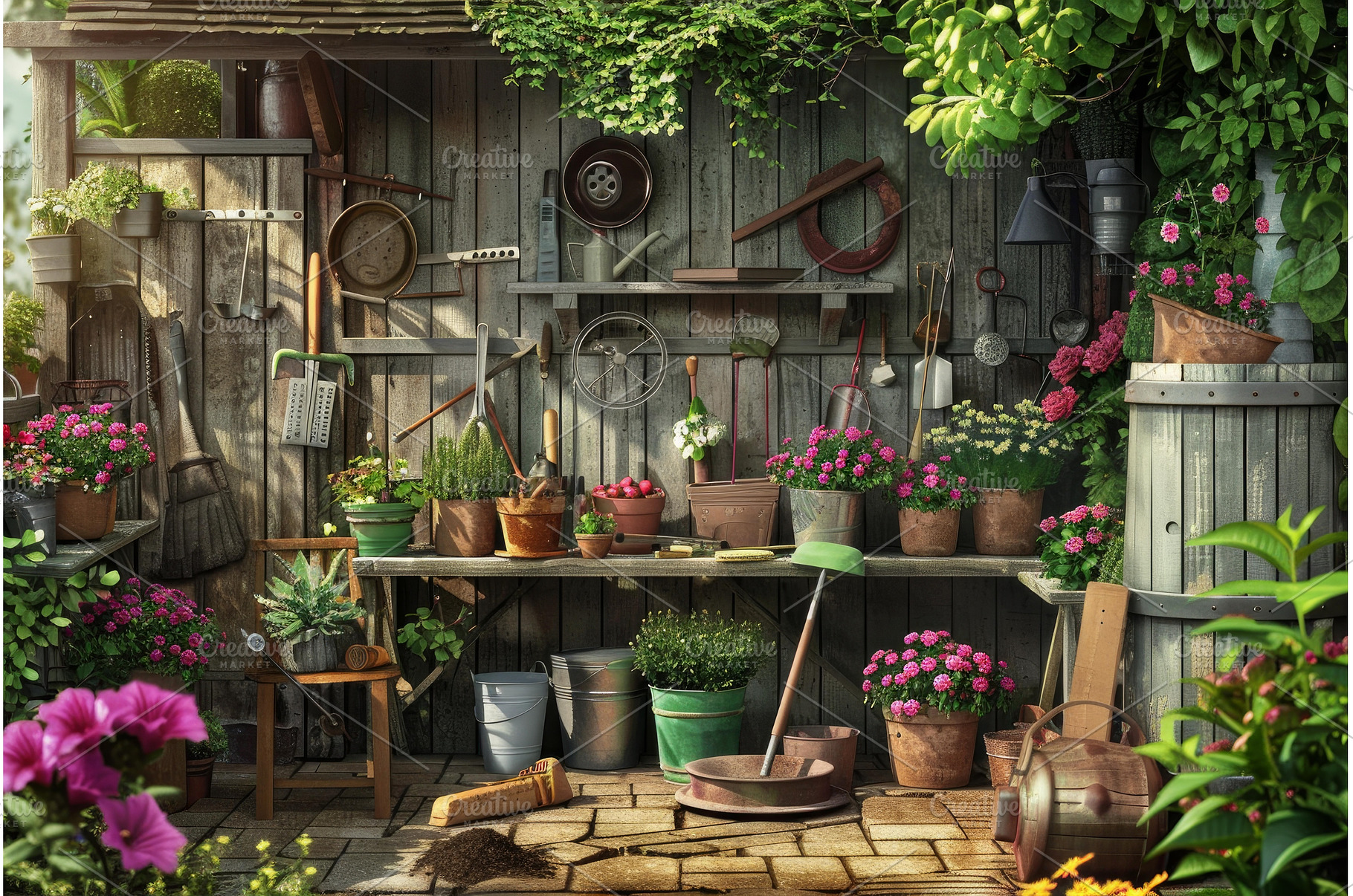 Gardening tools and flowers hanging, a Nature Photo by Ylivdesign