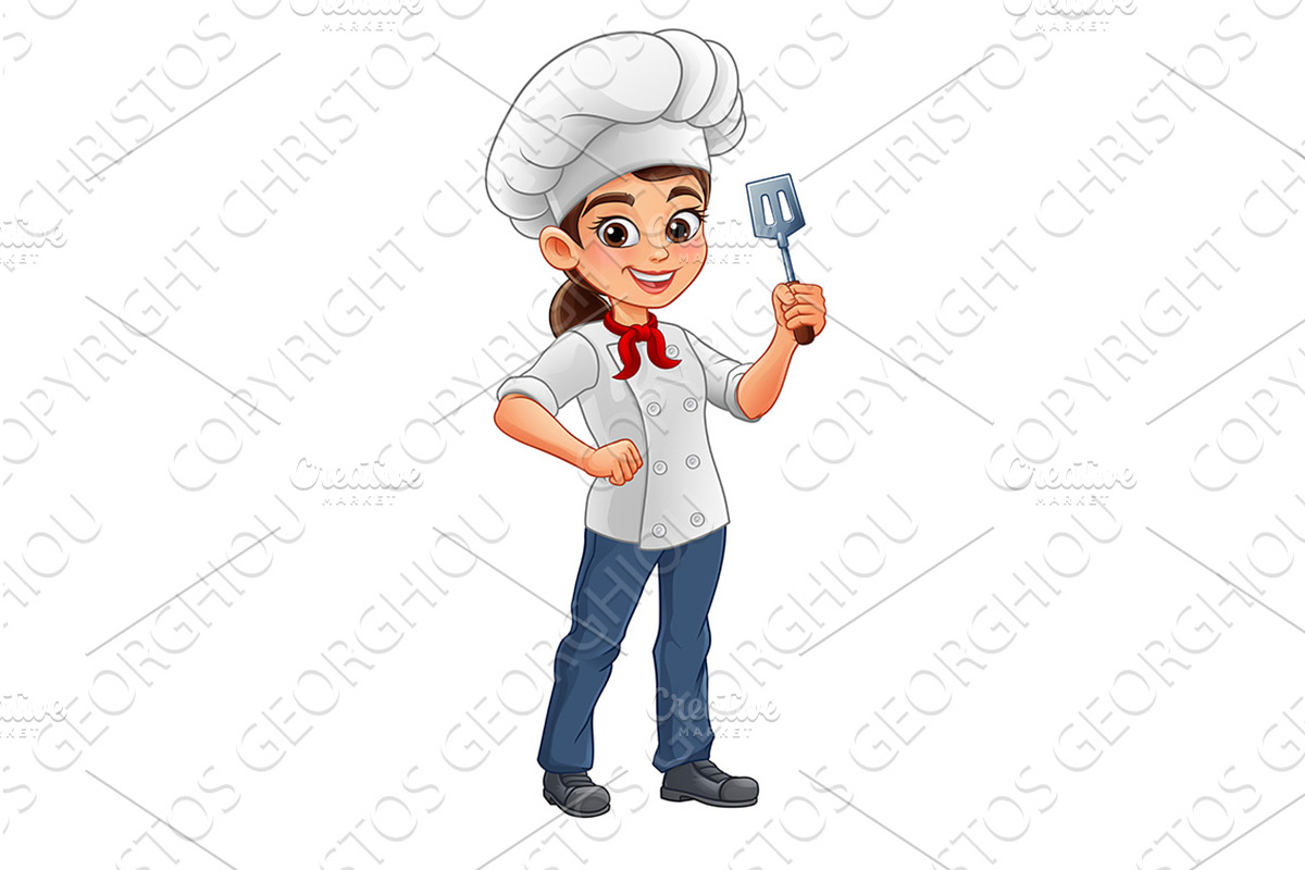 Female Chef Cartoon Holding Spatula, a Food Illustration by Christos Georghiou