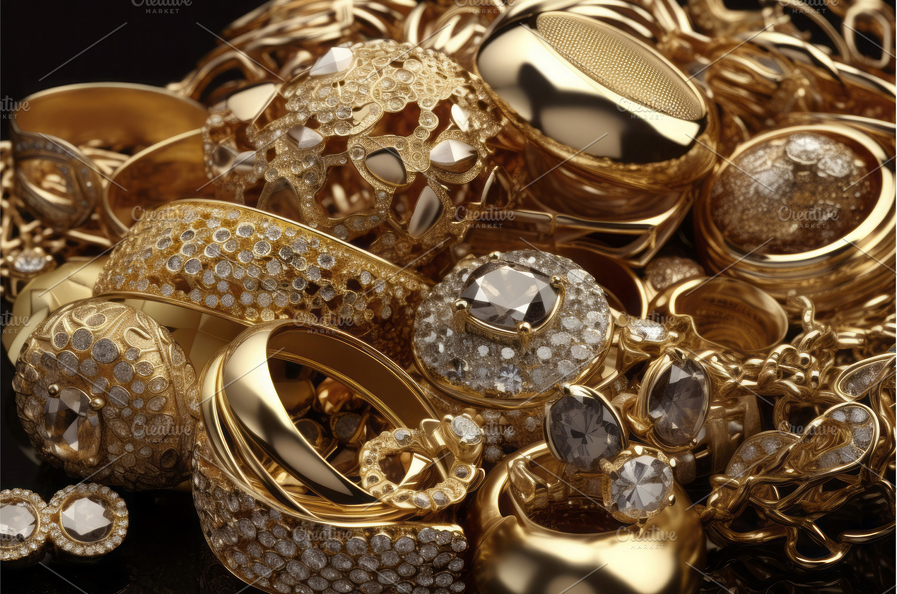 Gold jewelry items pile. Generate ai, a Beauty & Fashion Photo by Ylivdesign