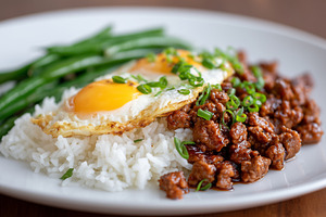 Delicious dish with steamed rice, a Food & Drink Photo by MistyDay