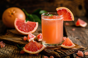 Glass of grapefruit juice with fresh fruit on wooden background, a Food & Drink Photo by AlyaAnd
