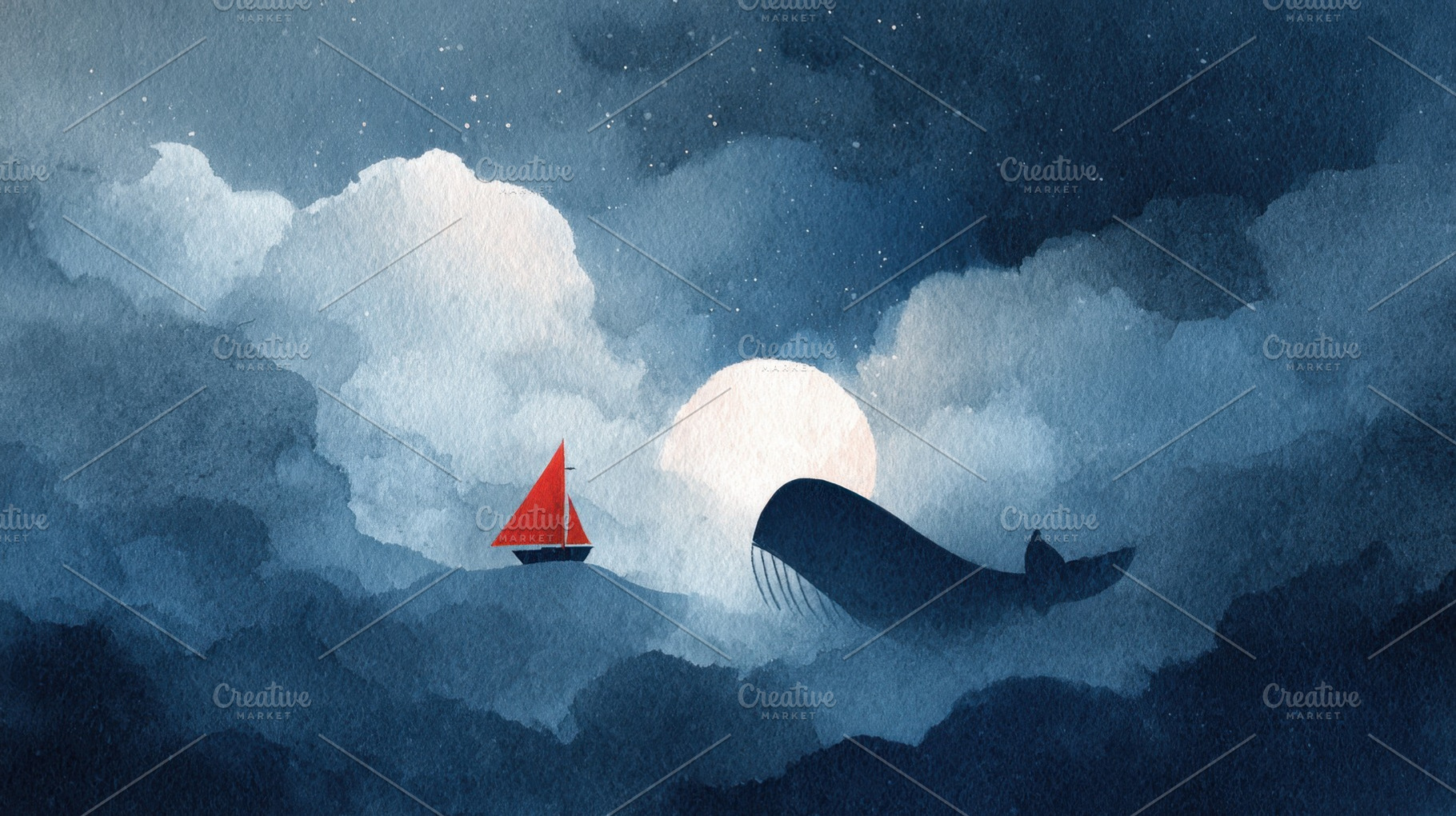 Whale and sailboat at night, a Photo by Beautiful things