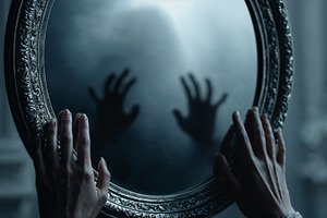Eerie hands reach from a foggy mirror on Halloween night, a Holiday Photo by OSORIOartist