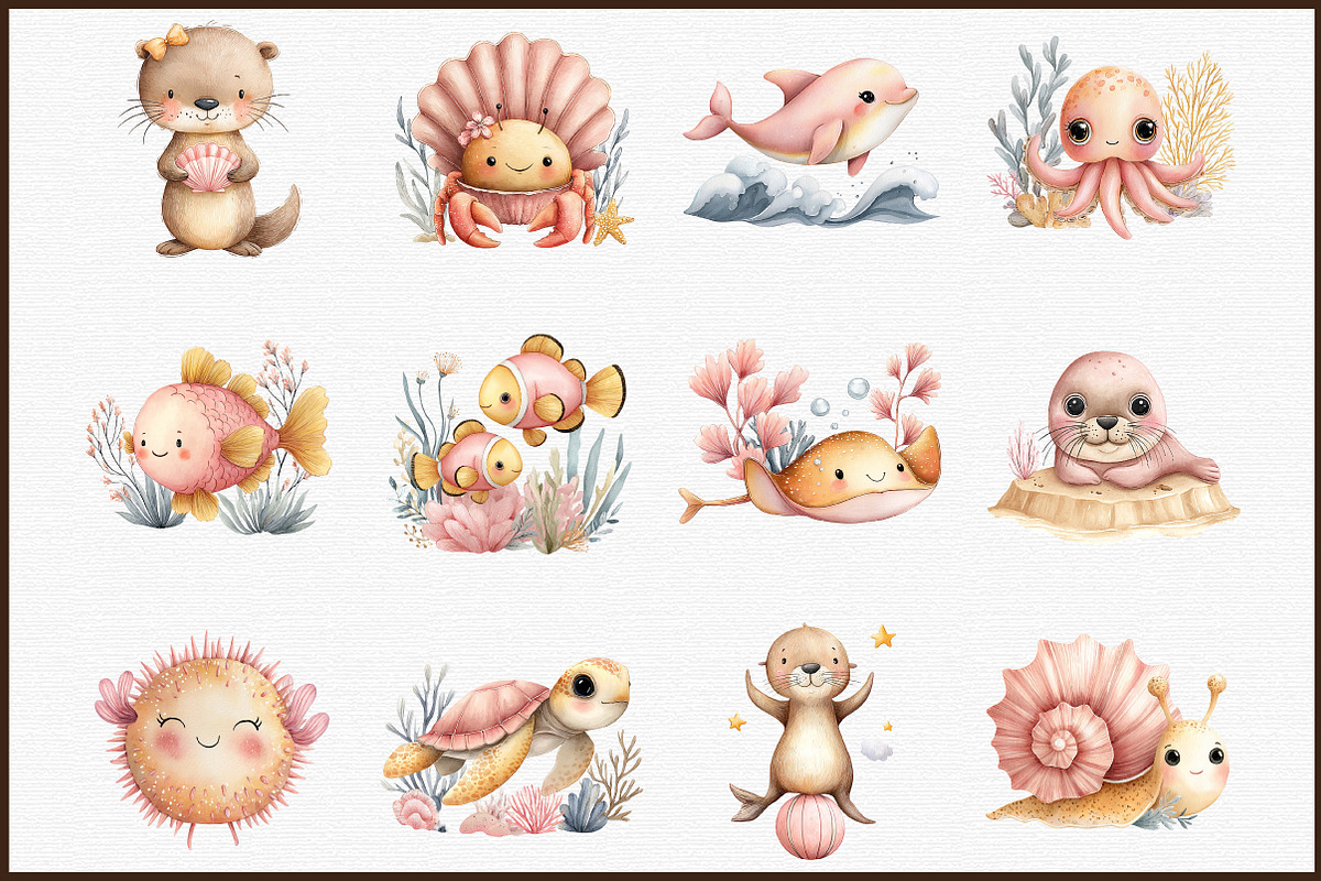 Cute Sea Animals Watercolor Clipart, an Illustration by Sublimation Artist (Photo 3 of 6)