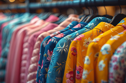 Colorful women's clothes on hangers in a fashion boutique, a Photo by AS photostudio