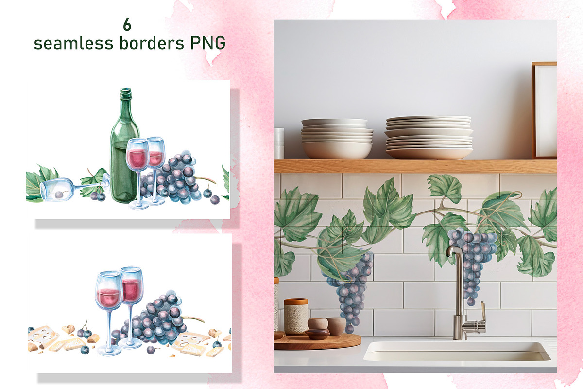 Wine and Grapes,watercolor clip art, a Food Illustration by SvetLana (Photo 11 of 16)
