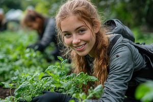 Young gardener works in a vibrant gr, a Photo by Tanuart