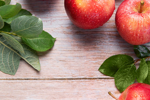 Fresh red gala apples with green lea, a Food & Drink Photo by Olena Rudo
