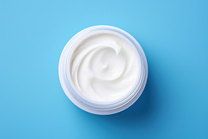 White plastic bowl of hand cream on blue background, a Beauty & Fashion Photo by AlyaAnd