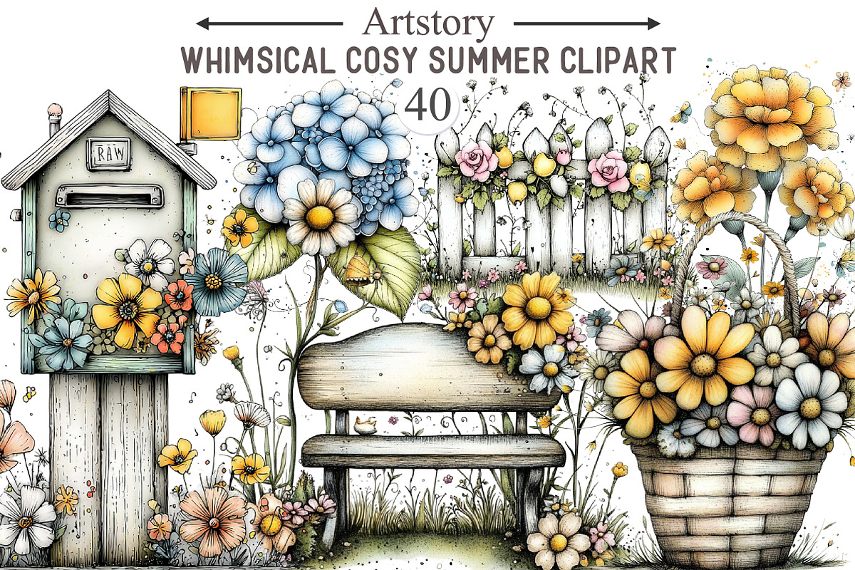 Whimsical Summer Garden Watercolor, an Illustration by designcity5 (Photo 1 of 5)