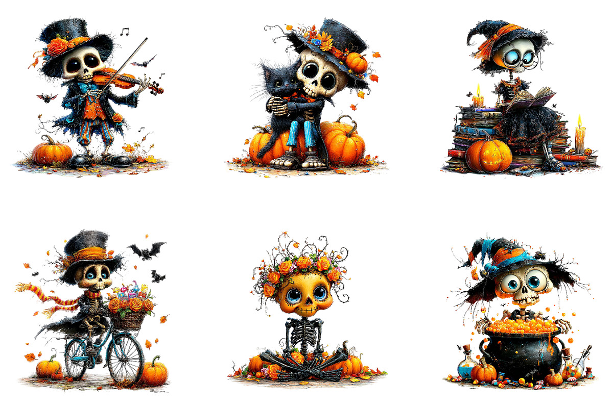 Cute Skeleton Halloween Clipart, a Seasonal Illustration by CreationArt (Photo 3 of 5)