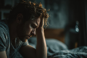 Man sitting on bed deeply troubled c, a Photo by Pixeness Studio