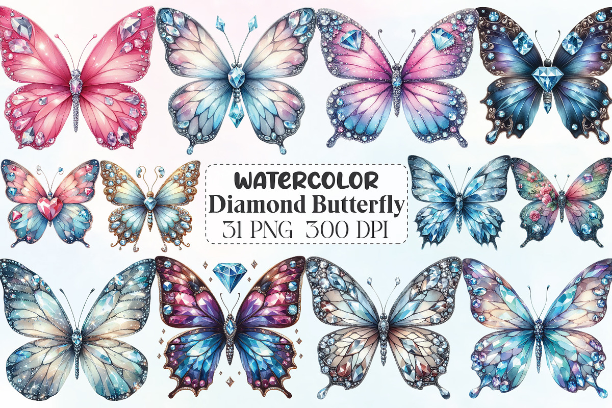 Cute Diamond Butterfly Clipart, an Illustration by CraftArtStudio (Photo 1 of 6)